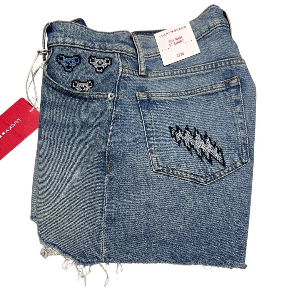 Grateful Dead x Lucky Brand NEW Women’s 90s Midi Jean Shorts Embroidered Rock - Picture 4 of 12